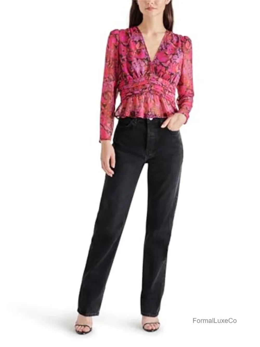 Floral Peplum Blouse V-Neck 3/4 Sleeve Polyester Bow Detail